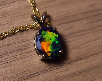 Gold filled Black Fire Opal Necklace made with a blue natural opal gemstone in a classic style pendant on a dainty silver chain in 14k gold