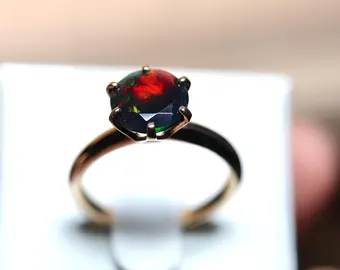 Black Opal Engagement Ring Handmade with a Natural Black Fire Opal Gemstone with red fire/fire opal ring/opal ring gold/opal solitaire ring