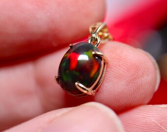 Black Opal Pendant Necklace Handcrafted Genuine Fire Opal 2ct Colorful Gemstone in Solid 14k Rose, White or Yellow Gold, Birthstone gift