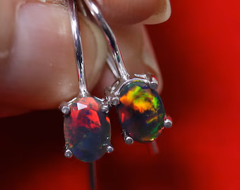 Black opal drop earrings in Sterling Silver with white gold finish, Genuine Black Opal Gemstone, Gold filled earrings opal, dainty earrings