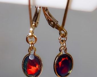 Opal Dangle Earrings handcrafted with Authentic Black Fire Opal Gemstones set in Gold Filled Earring Settings/Leverback Earrings Opal