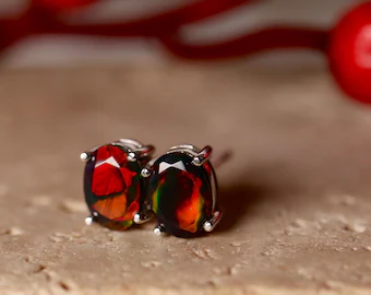 Black opal earrings: GENUINE HANDMADE UNIQUE created with rare natural opal gemstones in silver post settings. Opal stud earrings/Real opal
