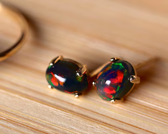 Black Opal Stud Earrings created with genuine black fire opal gemstones in 14k Gold Post earring Dainty Opal Studs black opal earrings gold