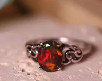 Black Fire Opal Silver Ring Handcrafted with 9x7mm Natural Black Opal in Victorian Ring setting, black opal ring, fire opal ring silver