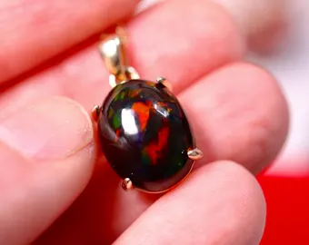 14K Yellow Gold Black Opal Necklace – Oval Fire Opal Pendant, 18" Chain