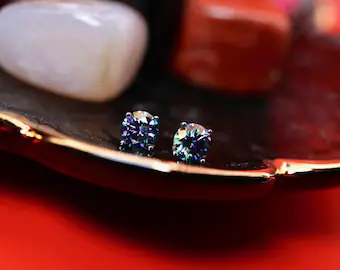 Gold Moissanite Earrings in 14k Solid Yellow Gold/Purple 1ct Certified Moissanite VVS/Bridesmaid Jewelry, Bridal Earrings, 14k Gold Studs