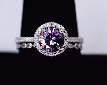 Moissanite Bridal Ring Set in Sterling silver Simulated diamonds Pave Band/Halo Moissanite Engagement Ring/Purple Stone Ring/wedding band