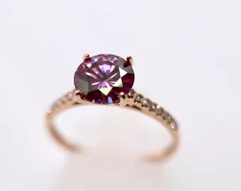 Purple Moissanite Bridal Set, Rose Gold Round Solitaire Ring, Real Gold Natural Diamonds Unique Wedding Band, Purple Engagement Ring Set