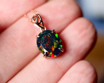 One of a kind Genuine Black Fire Opal Raw Stone in Rose Gold Oval Pendant Setting, Minimalist Anniversary Gift, Authentic Handmade Classic!