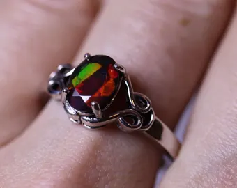 Celtic knot silver engagement ring featuring a genuine black fire opal stone with red play of color - natural opal ring tarnish resistant