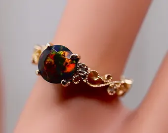 Genuine Black Fire Opal Engagement Ring, Solid Gold Art Deco Diamond Bridal Set