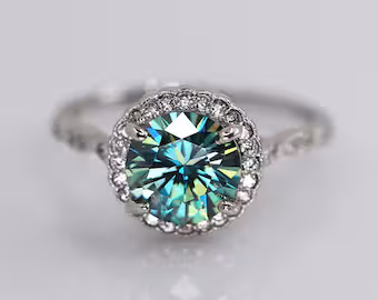 Blue Moissanite Halo Engagement Ring Set, Sterling Silver Bridal Band, Diamond Accent Wedding Ring