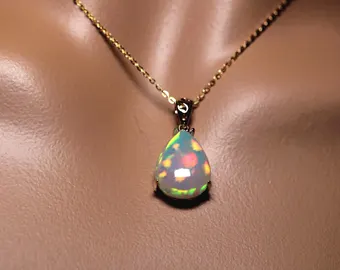 14k Gold Fire Opal Pendant Necklace in solid gold /Statement Necklace crafted with a genuine 6 ct Ethiopian Opal Stone with surreal colors