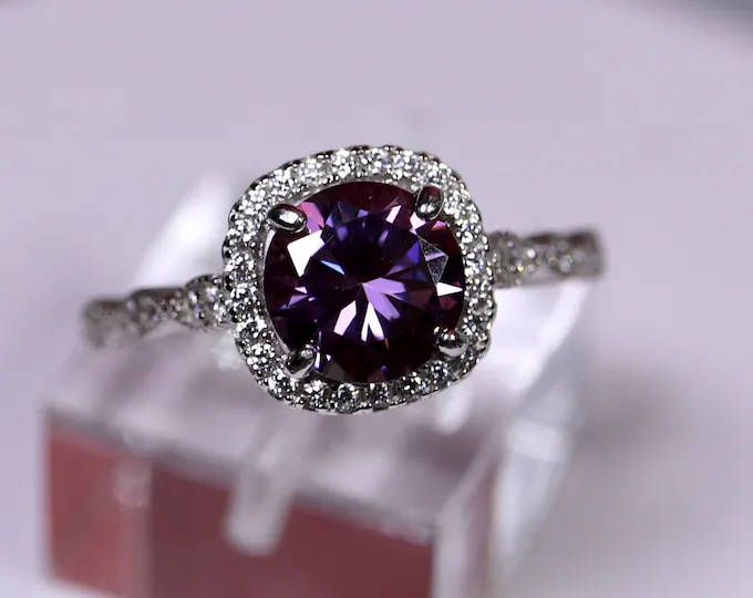 Purple moissanite ring, cushion halo ring, unique wedding ring, 925 sterling silver, round brilliant cut, wedding band, diamond paved ring