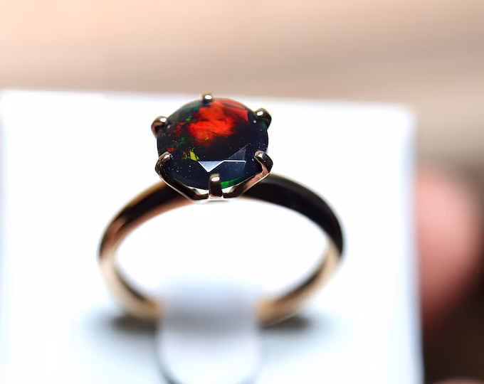 Black Opal Engagement Ring Handmade with a Natural Black Fire Opal Gemstone with red fire/fire opal ring/opal ring gold/opal solitaire ring