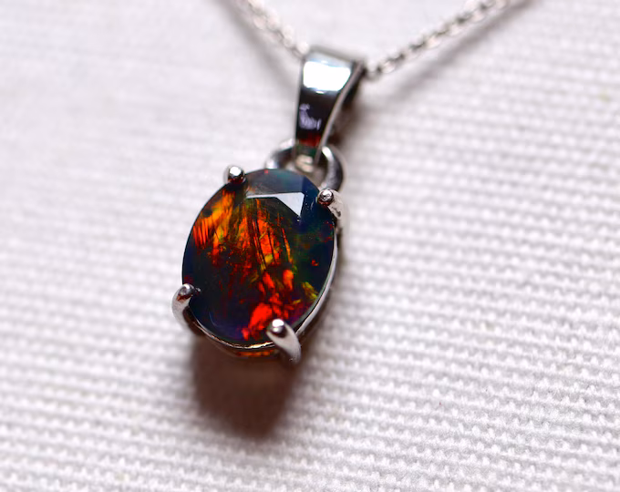 Black opal pendant, natural fire opal, black opal necklace, opal jewelry, genuine black opal, October birthstone, gift for her, fire opal