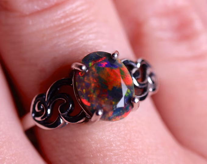 Vintage Opal Ring Handmade With Genuine Black Opal Stone/Black Fire Opal Ring/Statement Ring/Victorian Ring Opal/Fire Opal Ring/black opal