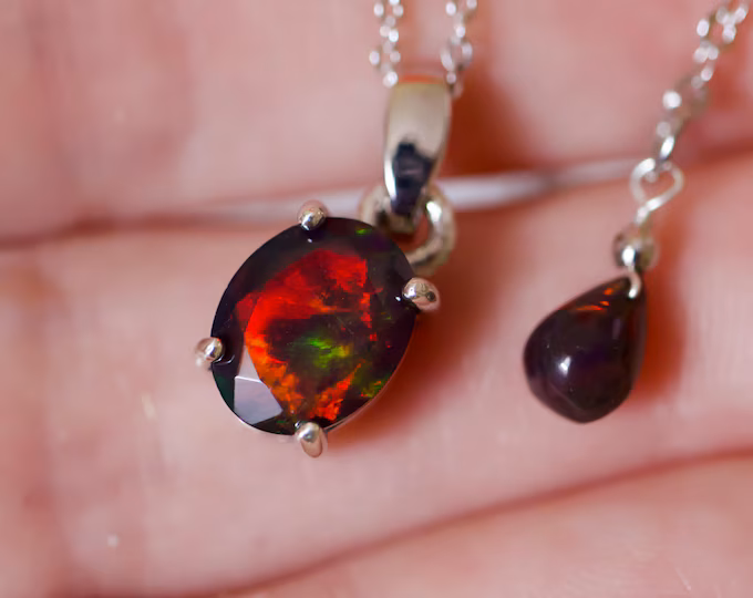 Black opal necklace, genuine black opal, dainty opal necklace, black fire opal, simple gold opal necklace/opal necklace silver/black opal