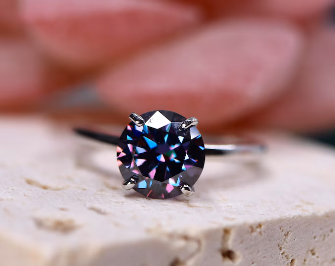 14k gold Moissanite Ring set handmade with a 2ct round brilliant cut Purple Moissanite/Moissanite Engagement Ring/Bridal Ring set/14k gold