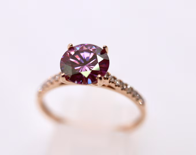 Purple Moissanite Bridal Set, Rose Gold Round Solitaire Ring, Real Gold Natural Diamonds Unique Wedding Band, Purple Engagement Ring Set