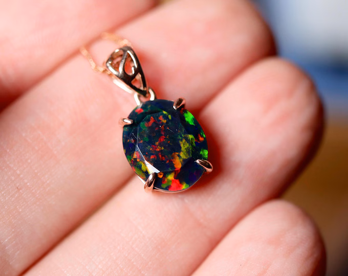 One of a kind Genuine Black Fire Opal Raw Stone in Rose Gold Oval Pendant Setting, Minimalist Anniversary Gift, Authentic Handmade Classic!