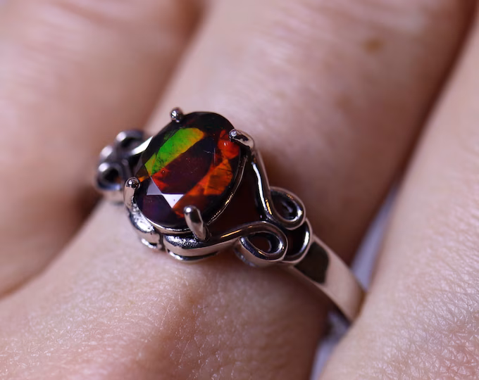 Celtic knot silver engagement ring featuring a genuine black fire opal stone with red play of color - natural opal ring tarnish resistant