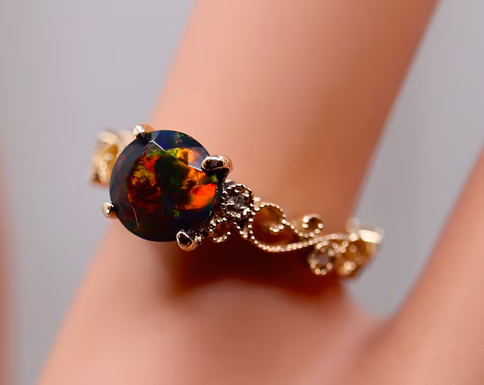 Genuine Black Fire Opal Engagement Ring, Solid Gold Art Deco Diamond Bridal Set